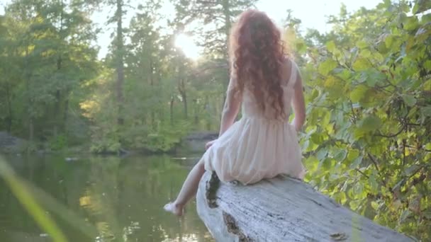 Visão traseira da menina caucasiana atraente com o cabelo vermelho sentado na margem do rio. Mulher bonita passar o tempo ao ar livre no parque de outono . — Vídeo de Stock