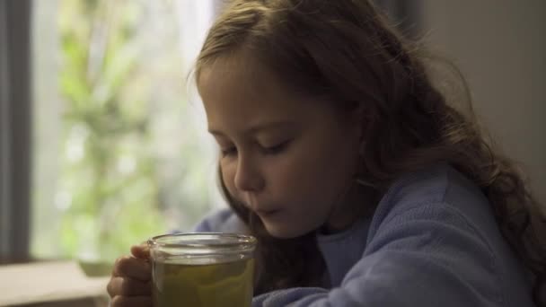 Menina bonita bebendo chá verde sentado à mesa na cozinha. Criança caucasiana desfrutando de chá pela manhã. Infância despreocupada. Conceito de saúde e medicina alternativa . — Vídeo de Stock