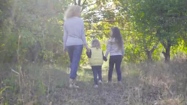 Rückansicht einer glücklichen kaukasischen Familie, die im herbstlichen Park spaziert. lächelnde erwachsene lockige Frau, die ihre kleinen hübschen Töchter an der Hand hält. Frauen in legerer Kleidung spazieren zwischen Bäumen und unterhalten sich. — Stockvideo