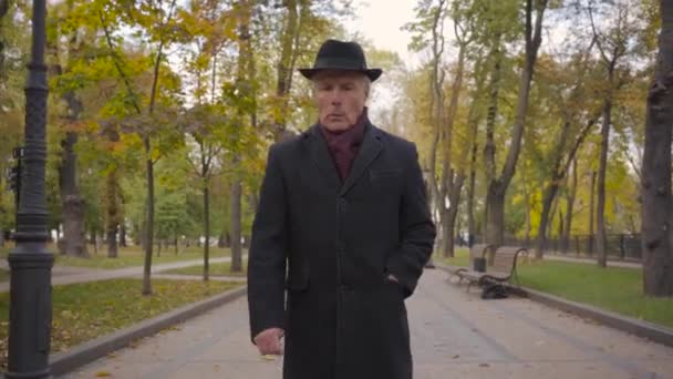 Dojrzały mężczyzna rasy kaukaskiej z siwymi włosami ubrany w elegancki czarny kapelusz i płaszcz oraz burgundowy szalik spacerujący wzdłuż alejki. Dojrzały facet odpoczywa po przejściu na emeryturę w jesiennym parku. — Wideo stockowe
