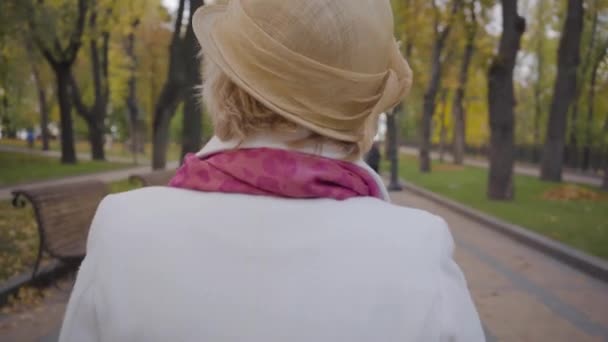 Back view of nice Caucasian woman in elegant beige cloche hat and white coat strolling along the alley. Mature lady resting after her retirement in the autumn park. — ストック動画