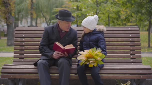 Portrait of a mature Caucasian man in classic clothes sitting on the bench with his granddaughter and reading a book. Smiling girl holding a buch of yellow leaves and listening to her grandfather . — ストック動画