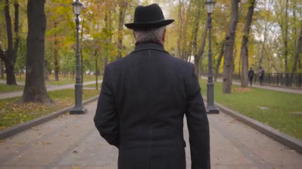 Achteraanzicht van een blanke man met grijs haar gekleed in elegante zwarte hoed en jas die door de steeg slentert. volwassen man rusten na zijn pensioen in de herfst park. — Stockvideo