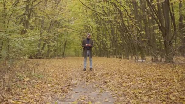 Camera approaching to a confident handsome man standing in the autumn forest and using his tablet. Serious Caucasian businessman working on weekends outdoors. — ストック動画