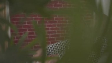 Yatağa düşüp gülümseyen iki neşeli sarışın beyaz kızın yan görüntüsü. Güzel, mutlu kadınlar evde pijama partisi veriyor. Ağır çekim. Ev bitkilerinin arkasında çekim yapmak.