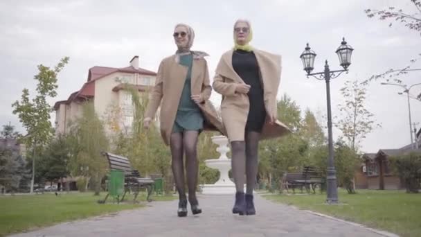 Dos elegantes amigas maduras caucásicas en abrigos beige, vestidos cortos y gafas de sol caminando por el parque de la ciudad. Encantadoras mujeres adultas pasando el día de otoño juntas al aire libre . — Vídeo de stock