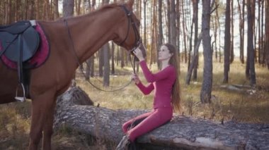 Sonbahar ormanında oturup at okşayan uzun kahverengi saçlı beyaz bir kadının portresi. Gülümseyen esmer at binicisi sevimli hayvanıyla dışarıda dinleniyor..