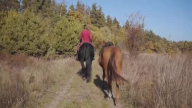 Kamera, siyah zarif ata binen ve kahverengi aygırın ipini tutan beyaz kadın biniciyi takip ediyor. Profesyonel jokey güz gününü dışarıda evcil hayvanlarla geçiriyor.