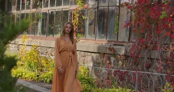 신비 한 캅카스 여자가 붉은 덤불로 덮힌 건물을 지나면서 웃고 있습니다. 머스터드 드레스를 입고 가을에는 트위드 프린트를 하는 매력적 인 젊은 여성. 영화 4K 필름 프로 레스 HQ. — 비디오