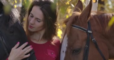 Gülümseyen, beyaz tenli, açık havada iki ata sarılan bir kız. Güneşli sonbahar ormanlarında hipoterapi gören hasta bir kadın. Sinema 4k görüntüleri Prores Hq.