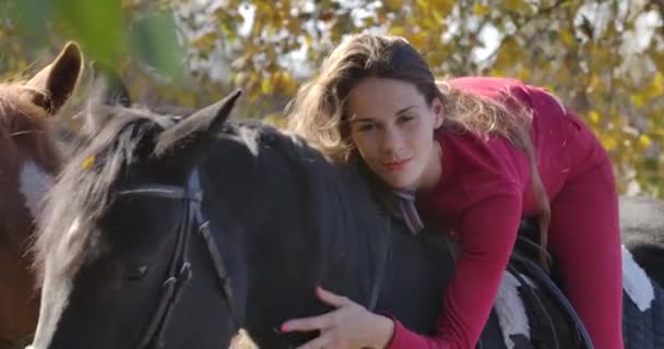 Joven feliz caucásica hembra ecuestre acostada a caballo y acariciando a su mascota. Hermoso caballo negro de pie en el bosque de otoño con el jinete joven en la espalda. Cinema 4k metraje ProRes HQ . — Vídeo de stock