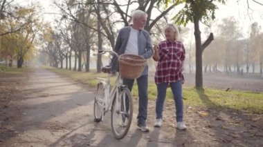 Gülümseyen son sınıf beyaz çift sisli parktaki sokakta bisikletle yürüyor. Mutlu, olgun, emekli bir aile, güz akşamını dışarıda geçiriyor. Birlikte yaşlanmak, sonsuz aşk kavramı..