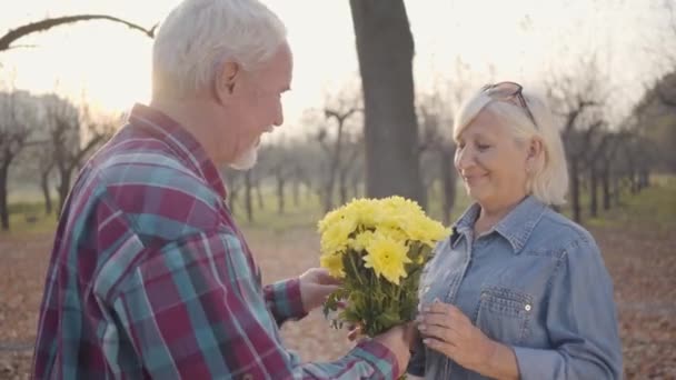 Senior blanke man geeft chrysant boeket aan zijn lieve vrouw en kust haar. Positieve Europese volwassen familie brengt romantische avond door in het najaarspark. Samen ouder worden, eeuwig liefdesconcept. — Stockvideo