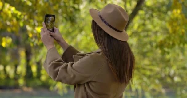 Widok z tyłu brunetka kaukaska dziewczyna w brązowym kapeluszu i płaszcz robienie zdjęć jesiennego parku na jej smartfon. Przyjemna Europejka spędzająca weekendy na świeżym powietrzu. Kino 4k materiał Prores Hq. — Wideo stockowe