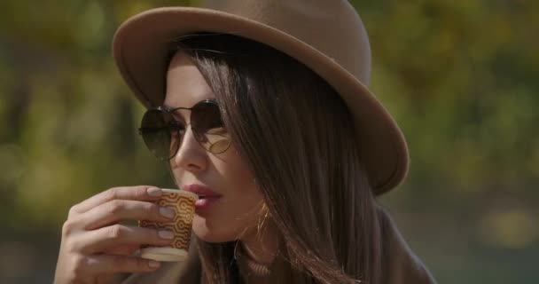 갈색 모자를 쓰고 선글라스를 쓴 우아 한 유럽 여성의 얼굴을 클로즈업 한 채 차나 커피를 마시고 있다. 가을 공원에 아름다운 백인 소녀의 사진. 영화 4K 필름 프로 레스 HQ. — 비디오