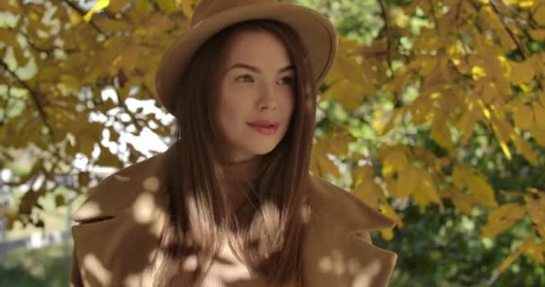 黄色の葉の背景にカメラでポーズ茶色の帽子の若い自信を持ったヨーロッパの女性のクローズアップ顔。公園に立つエレガントな白人女性と笑顔。映画4k映像｜Prores Hq. — ストック動画