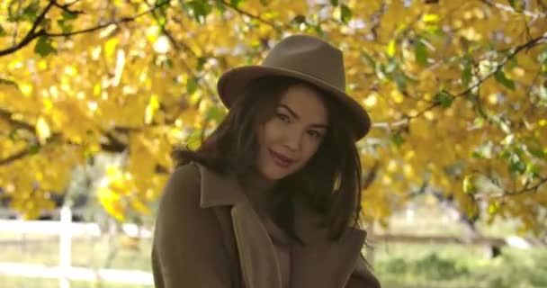 Portrait de fille européenne timide en chapeau debout sur le fond de feuilles jaunes et souriant. Charmante femme caucasienne posant dans le parc d'automne que le vent souffle ses cheveux longs. Cinéma 4k séquences ProRes HQ . — Video