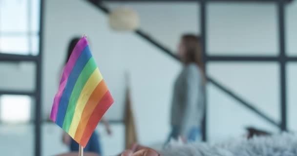 Close-up of LGBT rainbow flag with blurred lesbian couple hugging at the background. Concept of homosexual relationship, diversity, same sex family. Cinema 4k ProRes HQ. — Stock Video