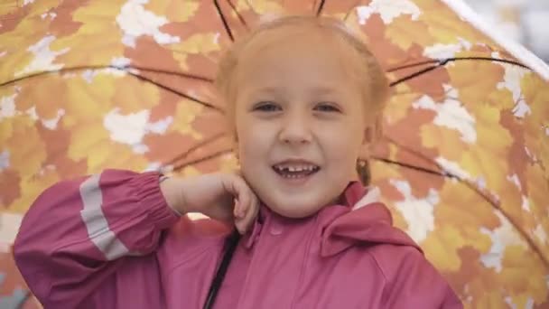Närbild av skrattande glad liten flicka snurrar paraply och tittar på kameran. Porträtt av glada vackra kaukasiska barn som har roligt utomhus på regnig dag. Glädje, nöje, fritid, livsstil, barndom. — Stockvideo
