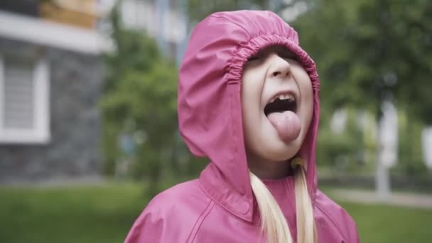 ピンクのコートとフードを着た面白い女の子が舌で雨滴をキャッチします。雨の日に屋外で楽しいピグテールを持つ陽気な白人の子供の肖像画。レジャー、子供時代、ライフスタイル、雨の多い天候 — ストック動画