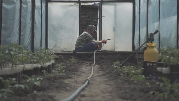 Bred bild av gamla kaukasiska manliga bonde vattna växter i hothouse. Sidovy porträtt av senior man hälla vatten på kaleyard eller jordbruk gård. Trädgårdsskötsel, trädgårdsodling, jordbruk. — Stockvideo