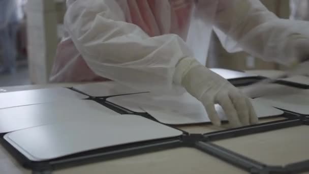 Unrecognizable employee gathering manufactured foil covers on factory. Close-up hands in protective gloves collecting finished product on food dish containers production line. Conveyor, business. — Stock Video