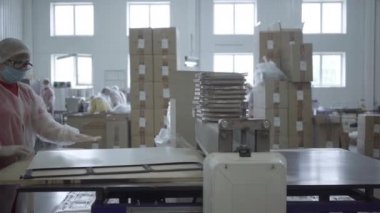 Kafkasyalı kadın boya makinesine folyo koyuyor ve yemek kapları için kesilmiş örtüler topluyor. Fabrika üretim ambalajının geniş açılı görüntüsü. Taşıyıcı, iş, üretim endüstrisi.