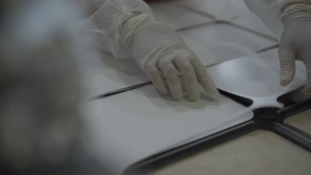 Gros plan des mains féminines dans des gants de protection retirant les couvre-feuilles après la découpe. Femme travaillant à l'usine. Ligne de production de récipients pour plats alimentaires. Affaires, fabrication, fabrication. — Video