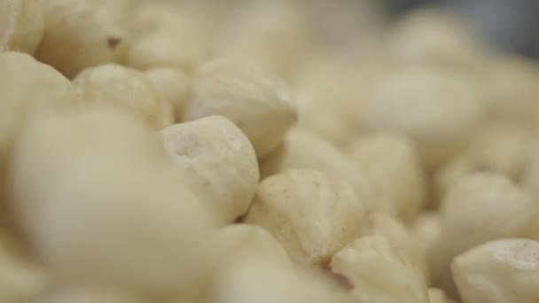 Extrémní detailní záběr bílo-žlutých lískových oříšků v obchodě. Chutné organické ořechy ležící na polici v maloobchodě na prodej. Spotřebitelství, obchod, zdravé stravování, veganské jídlo, kulinářské. S-log 2. — Stock video