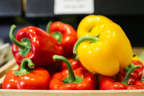 Wet bell pepper lying under light in grocery. Close-up of red and yellow organic vegetables in supermarket. Healthy food, nutrition, vegeterianism, assortment. Stock Picture