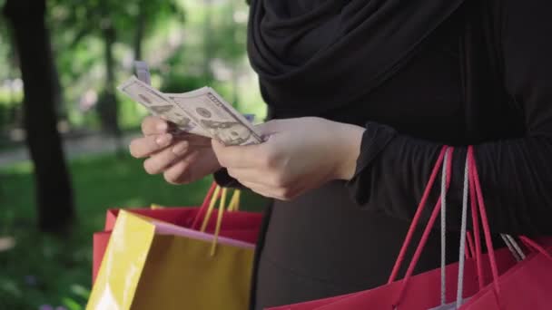 Gros plan des mains des femmes avec des sacs à provisions comptant les billets en dollars dans le parc le jour ensoleillé de l'été. Femme musulmane méconnaissable en vêtements traditionnels tenant de l'argent après l'achat. Shopaholisme. — Video