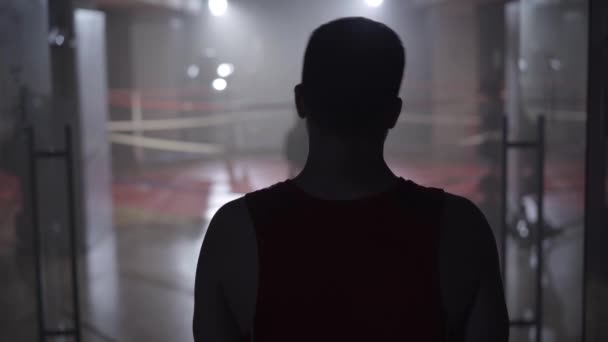 Rückenansicht eines selbstbewussten Sportlers, der den Nacken streckt und zum Boxring geht. Kamera folgt dem kaukasischen Boxer, der im Gegenlicht eintritt. Kampfkunst, Kampf, Kampfsport, Lebensstil. Lense Flash. — Stockvideo