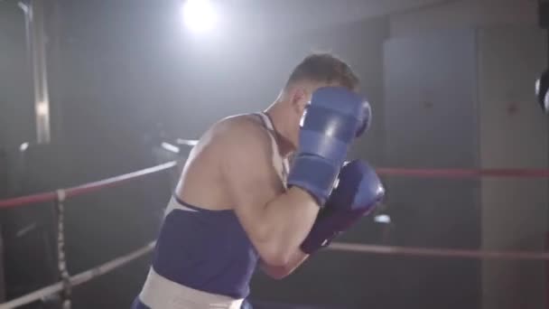Live-Kamera verfolgt Bewegungen von Boxern, die im Gegenlicht kämpfen, mit Dunst im Hintergrund. Porträt junger starker selbstbewusster kaukasischer Männer beim Training. Kampfkunst, Kraft, Lifestyle, Kampfsport. — Stockvideo