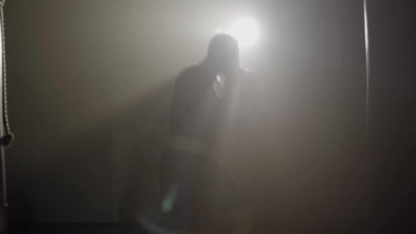 煙霧の中でレンズフレアでスポーツマンボクシングの影。バックライトで霧の中で自信を持って若い白人ボクサートレーニングのシルエット。競争力のあるスポーツ、武道、強み、ライフスタイルの概念. — ストック動画