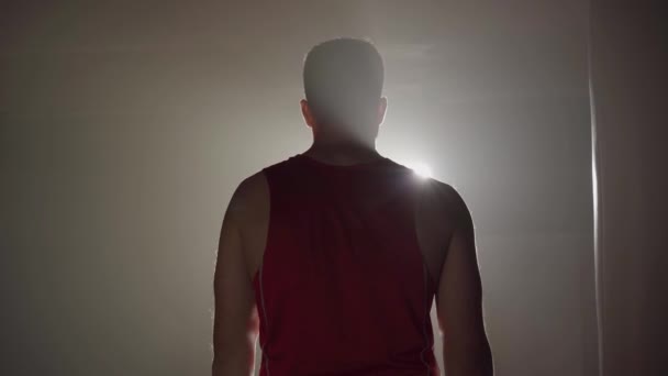 Silhouet van mannelijke bokser met overwinningsgebaar in lense flare. Achteraanzicht van jonge atletische sportieve Kaukasische man springen en juichen op nevel in achtergrondverlichting. Winnen, vechtsport, vechtsport. — Stockvideo