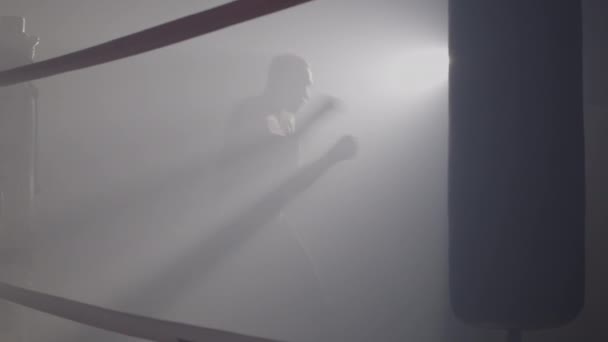Sylwetka boksera dziurkującego powietrze w mgle z podświetleniem na tle. Widok z boku szerokie ujęcie pewnego siebie białego sportowca trenującego we mglistej siłowni na ringu bokserskim. Kino 4k ProRes kwatera główna. — Wideo stockowe