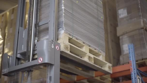 倉庫の棚にAutoloaderによって積層完成品。工場での生産貯蔵のプロセス。産業、物流. — ストック動画