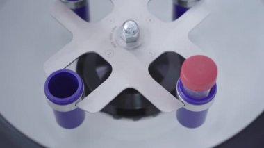 Kadın el, kan örneğini santrifüje koyup ekipmanı çalıştırıyor. Laboratuvarda çalışan otomatikleştirilmiş makinelerin aşırı yakın çekimi. İlaç, Covid-19 aşı geliştirme.