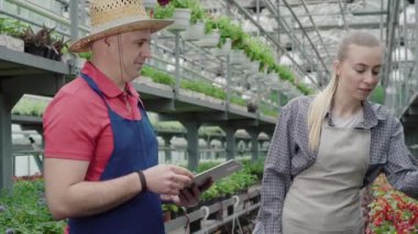 Genç ve güzel bir kadın serada kırmızı çiçekle esrar içiyor ve elinde tablet olan orta yaşlı beyaz bir adamla konuşuyor. İlgili kadın biyolog portresi serada iş arkadaşıyla sohbet ediyor..