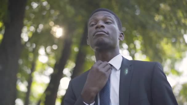 Untere Ansicht eines jungen afroamerikanischen Mannes, der Krawatte lockert und seufzt. Porträt eines gut aussehenden erfolgreichen Geschäftsmannes, der sich im sonnigen Park im Freien ausruht. Lifestyle, Business, Entspannung. — Stockvideo