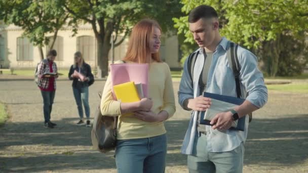 Portret van een blanke jongen en meisje aan het praten op de universiteitscampus met wazige studenten aan het chatten op de achtergrond. Jonge mannelijke en vrouwelijke studenten praten over onderwijs op zonnige dag. — Stockvideo