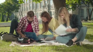 Güneşli bir günde üç aktif üniversite öğrencisi dışarıda çalışıyor. İlgili genç beyaz erkek ve kadınların portresi. Konuşuyorlar ve belgeleri kontrol ediyorlar. Eğitim, yaşam tarzı, zeka.