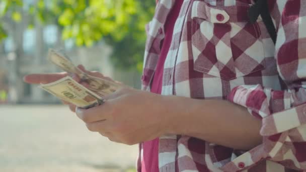 Närbild av manliga händer räkna pengar i solljus utomhus. Oigenkännlig vit man gömmer dollar i bakfickan och tänker. Frilansarbete, inkomst, livsstil, förmögenhet. — Stockvideo