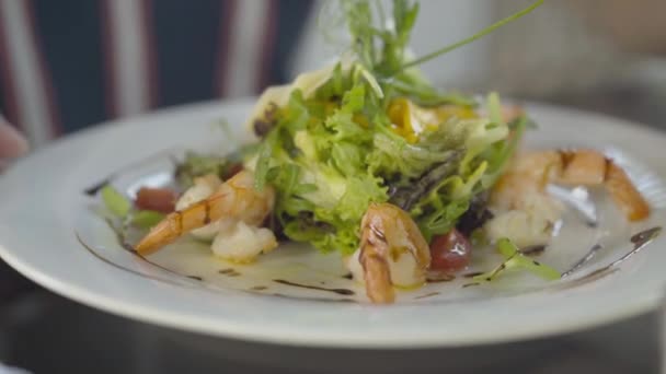 Close-up of plate with prepared shrimps and salad leaves in luxurious restaurant. Unrecognizable person rotating delicious healthful dish in outdoor cafe on sunny summer day. Concept of healthy eating — Stock Video