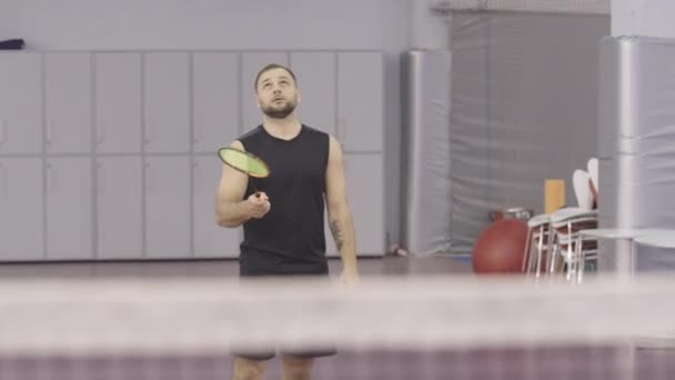 Homem caucasiano tatuado concentrado a bater em vaivém com raquete. Retrato de jovem bonito desportista caucasiano formação movimento badminton na quadra interior no ginásio . — Vídeo de Stock