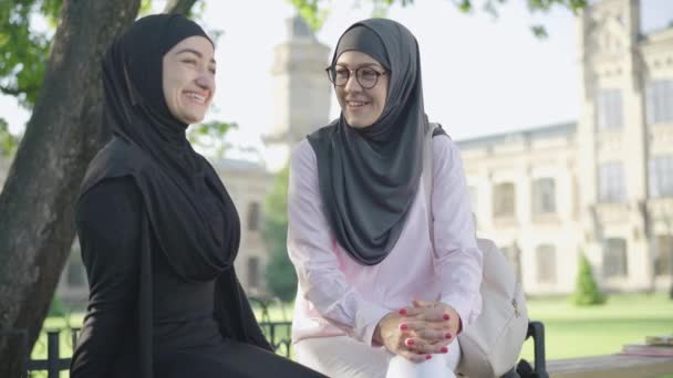 Portrait of confident positive woman in hijab and eyeglasses sitting with friend outdoors and talking. Young beautiful intelligent students in hijabs chatting on sunny day at university yard. — Stock Video