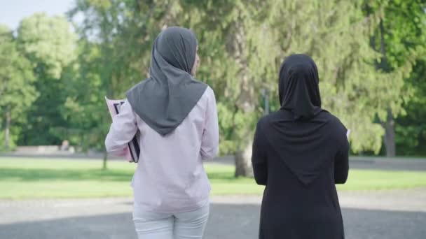 Vista posterior de inmigrantes positivos con libros caminando al aire libre en un día soleado y hablando. Dos mujeres musulmanas felices en hiyabs paseando al aire libre después de estudiar. Grupos que disfrutan de la educación en el extranjero. — Vídeo de stock