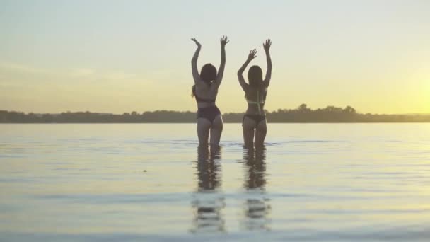 Vista posterior de encantadoras mujeres curtidas caucásicas delgadas bailando en el río al atardecer. Gran cantidad de alegres turistas jóvenes disfrutando de las vacaciones de verano en el resort. Damas felices descansando al aire libre. — Vídeos de Stock