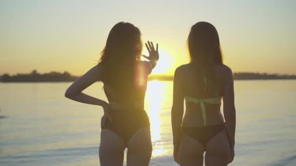 Zwei schlanke Frauen reichen der Sonne bei Sonnenuntergang die Hände. Rückseite mittlere Aufnahme positiver kaukasischer Touristinnen beim Sonnenuntergang am Sommerstrand. Junge schlanke Damen stehen in der Dämmerung draußen. — Stockvideo