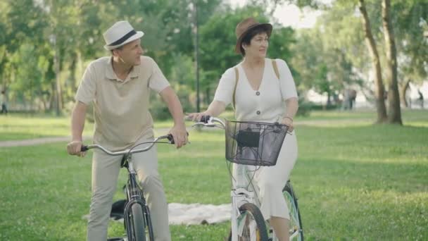 Ευτυχισμένο ζευγάρι με ποδήλατα συζητούν τη διαδρομή στο καλοκαιρινό πάρκο. Πορτρέτο του χαμογελαστού μέσου ενήλικα Καυκάσιος άνδρας και γυναίκα απολαμβάνοντας ηλιόλουστη βραδιά σε εξωτερικούς χώρους. Θετικοί σύζυγοι αναπαύονται μαζί. — Αρχείο Βίντεο